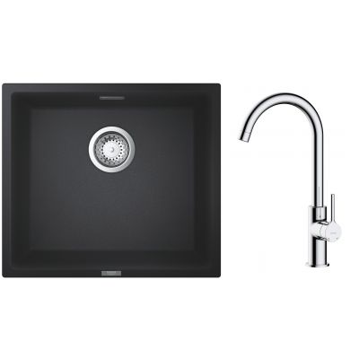 Zestaw Grohe K700 zlewozmywak granitowy 45,7x40,6 cm z baterią kuchenną Oltens Skafta czarny granit/chrom (35206100, 31653AP0)