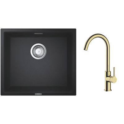 Zestaw Grohe K700 zlewozmywak granitowy 45,7x40,6 cm z baterią kuchenną Oltens Skafta czarny granit/złoty połysk (35206800, 31653AP0)