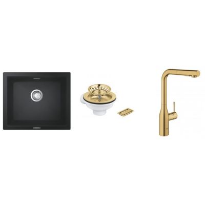 Zestaw Grohe K700 zlewozmywak granitowy 53,3x45,7 cm czarny z baterią kuchenną Essence i odpływ złoty (31654AP0, 40997GN0, 30270GN0)