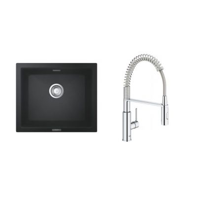 Zestaw Grohe K700 zlewozmywak granitowy 53,3x45,7 cm czarny z baterią kuchenną Get chrom (31654AP0, 30361000)