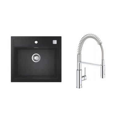 Zestaw Grohe K700 zlewozmywak granitowy 56x51 cm czarny z baterią kuchenną Get chrom (31651AP0, 30361000)