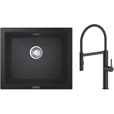 Zestaw Grohe K700U zlewozmywak granitowy 53,3x45,7 cm z baterią kuchenną Oltens Borga czarny granit/czarny mat (31654AP0, 35207300)