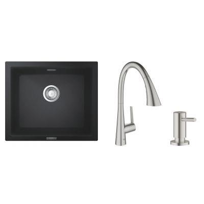 Zestaw Grohe K700U zlewozmywak granitowy 53,3x45,7 cm z baterią Grohe Zedra i dozownikiem Grohe Cosmopolitan czarny/stal nierdzewna (31654AP0, 32294DC2, 40535DC0)