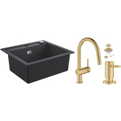 Zestaw Grohe K700U zlewozmywak granitowy 56x51 cm z baterią Grohe Minta z zestawem odpływowym i dozownikiem Grohe Cosmopolitan czarny/złoto szczotkowane (31651AP0, 40400GN0,32321GN2, 40535GN0)