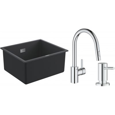 Zestaw Grohe K700 zlewozmywak granitowy 45,7x40,6 cm z baterią kuchenną Eurosmart Cosmopolitan i dozownikiem (1653AP0, 31481001, 40535000)