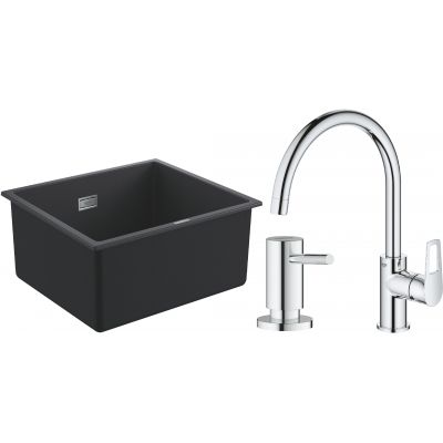 Zestaw Grohe K700 zlewozmywak granitowy 45,7x40,6 cm z baterią kuchenną Bauloop i dozownikiem Cosmopolitan (1653AP0, 31368001, 40535000)