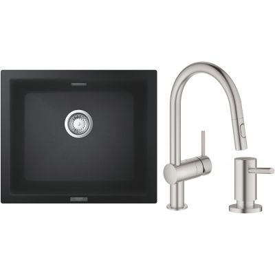 Zestaw Grohe K700 zlewozmywak granitowy 53,3x45,7 cm z baterią kuchenną Minta i dozownikiem Cosmopolitan (31654AP0, 32321DC2, 40535DC0)