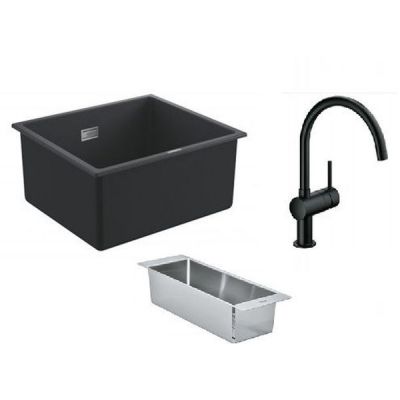 Zestaw Grohe K700 zlewozmywak granitowy czarny z baterią kuchenną Minta i wkładką ociekową stal (31653AP0, 32917KS0, 40852SD0)