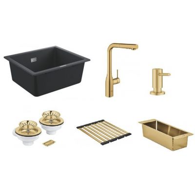 Zestaw Grohe K700 zlewozmywak granitowy czarny z baterią kuchenną Essence, dozownikiem mydła, zestawem odpływowym, ociekaczem i wkładką ociekową Brushed Cool Sunrise (31654AP0, 30270GN0, 40535GN0, 40997GN0, 40856GN0, 40852GN0)