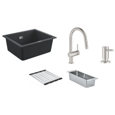 Zestaw Grohe K700 zlewozmywak granitowy czarny z baterią kuchenną Minta, dozownikiem, ociekaczem i wkładką ociekową stal (31654AP0, 32321DC2, 40535DC0, 40856SD0, 40852SD0)