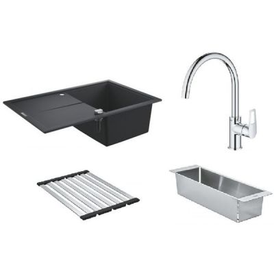 Zestaw Grohe K400 zlewozmywak granitowy czarny z baterią kuchenną Bauloop, z ociekaczem i wkładką ociekową stal (31639AP0, 31368001, 40854SD0, 40853SD0)