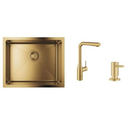 Zestaw Grohe K700 zlewozmywak stalowy Brushed Cool Sunrise z baterią kuchenną Essence i dozownikiem płynów Cosmopolitan (31574GN1, 30270GN0, 40535GN0)