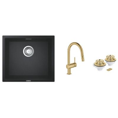 Zestaw Grohe K700 zlewozmywak granitowy czarny z baterią kuchenną Minta Brushed Cool Sunrise i zestawem odpływowym (40997GN0, 31653AP0, 32321GN2)