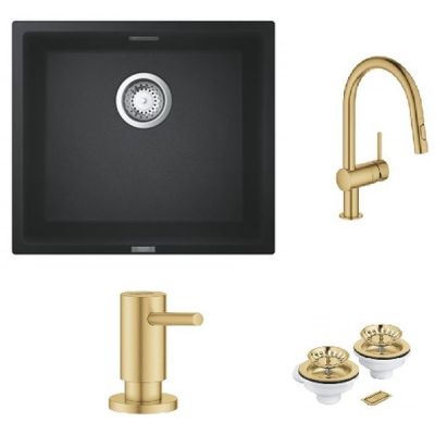 Zestaw Grohe K700 zlewozmywak granitowy czarny z baterią kuchenną Minta Brushed Cool Sunrise z dozownikiem Cosmopolitan i odpływem (31653AP0, 32321GN2, 40535GN0, 40997GN0)