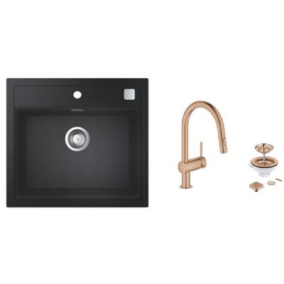 Zestaw Grohe K700 zlewozmywak granitowy czarny z baterią kuchenną Minta Brushed Warm Sunset i zestawem odpływowym (31651AP0, 32321DL2, 40400DL0)