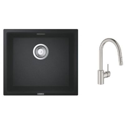 Zestaw Grohe K700 zlewozmywak granitowy czarny z baterią kuchenną Concetto stal  (31653AP0, 31483DC2)