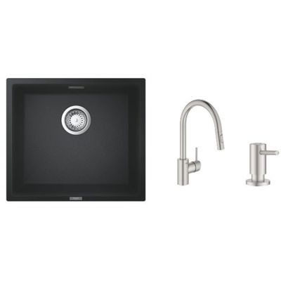 Zestaw Grohe K700 zlewozmywak granitowy czarny z baterią kuchenną Concetto stal i dozownikiem płynów  (31653AP0, 31483DC2, 40535DC0)