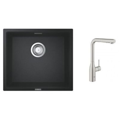 Zestaw Grohe K700 zlewozmywak granitowy czarny z baterią kuchenną Essence stal (31653AP0, 30270DC0)