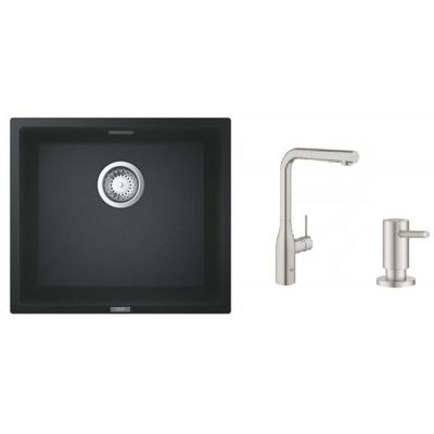 Zestaw Grohe K700 zlewozmywak granitowy czarny z baterią kuchenną Essence stal i dozownikiem płynów Cosmopolitan (31653AP0, 30270DC0, 40535DC0)