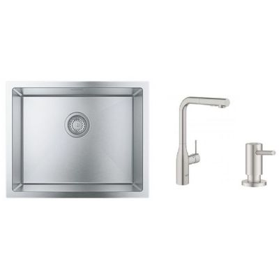 Zestaw Grohe K700 zlewozmywak stalowy z baterią kuchenną Essence stal i dozownikiem Cosmopolitan (31726SD0, 30270DC0, 40535DC0)