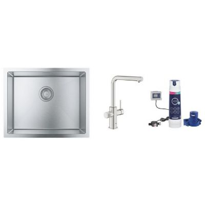 Zestaw Grohe K700 zlewozmywak stalowy z baterią kuchenną Pure Minta stal i filtrem wody Blue (31726SD0, 30601DC0, 40875000)