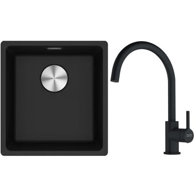 Franke Maris MRG 110-37 zlewozmywak 40x37 cm Fragranite onyx z baterią kuchenną Lina czarny mat (1250687249, 1150626019)