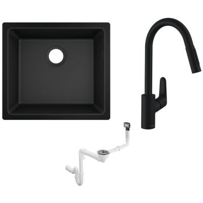 Zestaw Hansgrohe S510-U450 zlewozmywak granitowy czarny z baterią kuchenną i syfon (43431170, 31815670, 43927000)