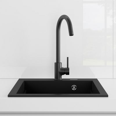 Zestaw Oltens Gravan zlewozmywak granitowy 1-komorowy 47x51,5 cm z baterią kuchenną Skafta czarny mat (72001300, 35206300)