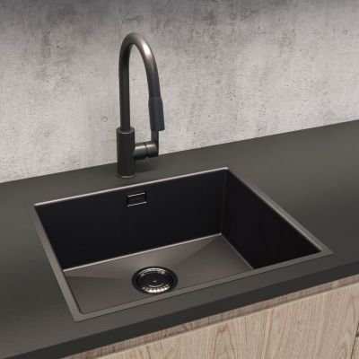 Zestaw Oltens Stalvask zlewozmywak stalowy 54x44 cm z baterią kuchenną Litla czarny/czarny mat (71101300, 35204300)