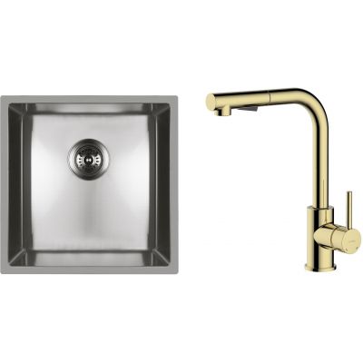 Zestaw Oltens Stalvask zlewozmywak stalowy 44x44 cm z baterią kuchenną Myvat stal polerowana/złoty połysk (71100100, 35205800)