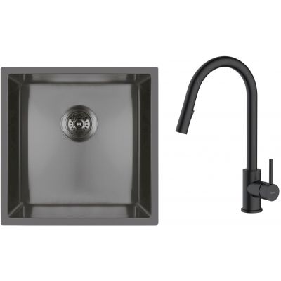 Zestaw Oltens Stalvask zlewozmywak stalowy 44x44 cm z baterią kuchenną Litla czarny/czarny mat (71100300, 35204300)