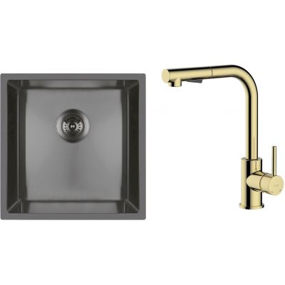 Zestaw Oltens Stalvask zlewozmywak stalowy 44x44 cm z baterią kuchenną Myvat czarny/złoty połysk (71100300, 35205800)