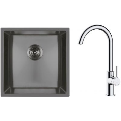 Zestaw Oltens Stalvask zlewozmywak stalowy 44x44 cm z baterią kuchenną Skafta czarny/chrom (71100300, 35206100)