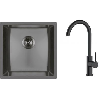 Zestaw Oltens Stalvask zlewozmywak stalowy 44x44 cm z baterią kuchenną Skafta czarny/czarny mat (71100300, 35206300)