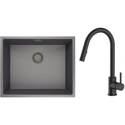 Zestaw Oltens Stalvask zlewozmywak stalowy 54x44 cm z baterią kuchenną Litla czarny/czarny mat (71101300, 35204300)