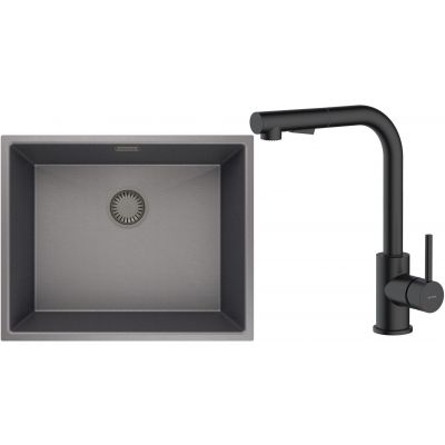 Zestaw Oltens Stalvask zlewozmywak stalowy 54x44 cm z baterią kuchenną Myvat czarny/czarny mat (71101300, 35205300)