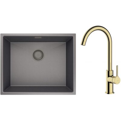 Zestaw Oltens Stalvask zlewozmywak stalowy 54x44 cm z baterią kuchenną Skafta czarny/złoty połysk (71101300, 35206800)