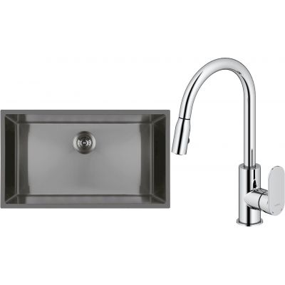 Zestaw Oltens Stalvask zlewozmywak stalowy 76x44 cm z baterią kuchenną Lista czarny/chrom (71102300, 35202100)