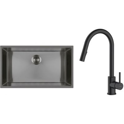 Zestaw Oltens Stalvask zlewozmywak stalowy 76x44 cm z baterią kuchenną Litla czarny/czarny mat (71102300, 35204300)