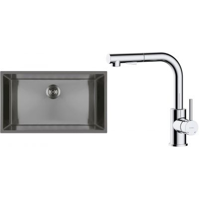 Zestaw Oltens Stalvask zlewozmywak stalowy 76x44 cm z baterią kuchenną Myvat czarny/chrom (71102300, 35205100)