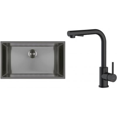 Zestaw Oltens Stalvask zlewozmywak stalowy 76x44 cm z baterią kuchenną Myvat czarny/czarny mat (71102300, 35205300)