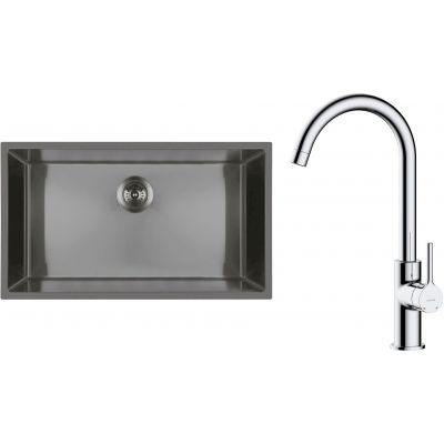Zestaw Oltens Stalvask zlewozmywak stalowy 76x44 cm z baterią kuchenną Skafta czarny/chrom (71102300, 35206100)