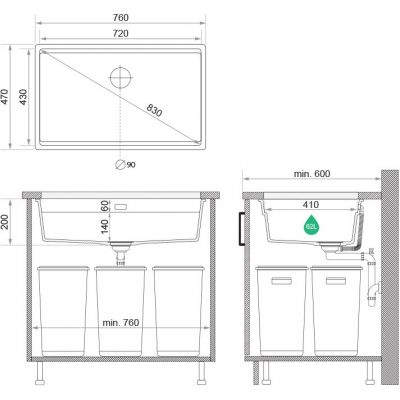 Primagran Praga zlewozmywak granitowy 72x43 cm czarny O_OP8KC-003