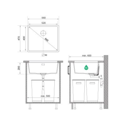 Primagran Londyn zlewozmywak granitowy 56x47 cm czarny ML6KC-X0#P