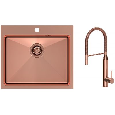 Zestaw Quadron Russel 110 zlewozmywak stalowy z baterią kuchenną Marylin miedziany (HB7910PVDBSC1, BW6022PVDBSC1)