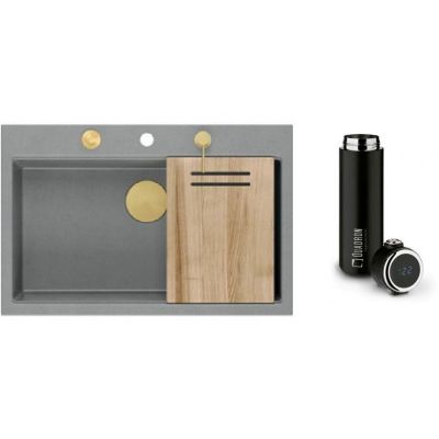 Zestaw Quadron Marc 110 zlewozmywak silver stone/elementy złote z kubkiem termicznym 420 ml (HQM7650U5PVDG1, M0051)