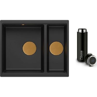 Zestaw Quadron Logan 150 zlewozmywak czarny/elementy miedziane z kubkiem termicznym 420 ml (HCQL5646U7C1U, M0051)