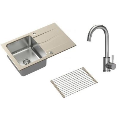 Zestaw Quadron Michael 111 zlewozmywak 78x48 cm beż/stal z baterią Kate i matą ociekową (FUSM7848BE3623500BS, R3825BEMP)