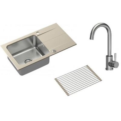 Zestaw Quadron Edward 111 zlewozmywak 78x44 cm beż/stal z baterią Kate i matą ociekową (FUSE7844BE3623500BS, R3825BEMP)