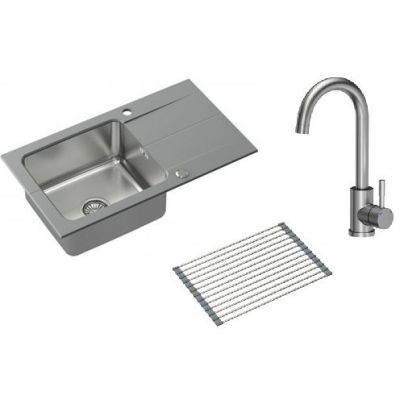 Zestaw Quadron Edward 111 zlewozmywak 78x44 cm szary/stal z baterią Kate i matą ociekową (FUSE7844SZ3623500BS, R3825GRMP)